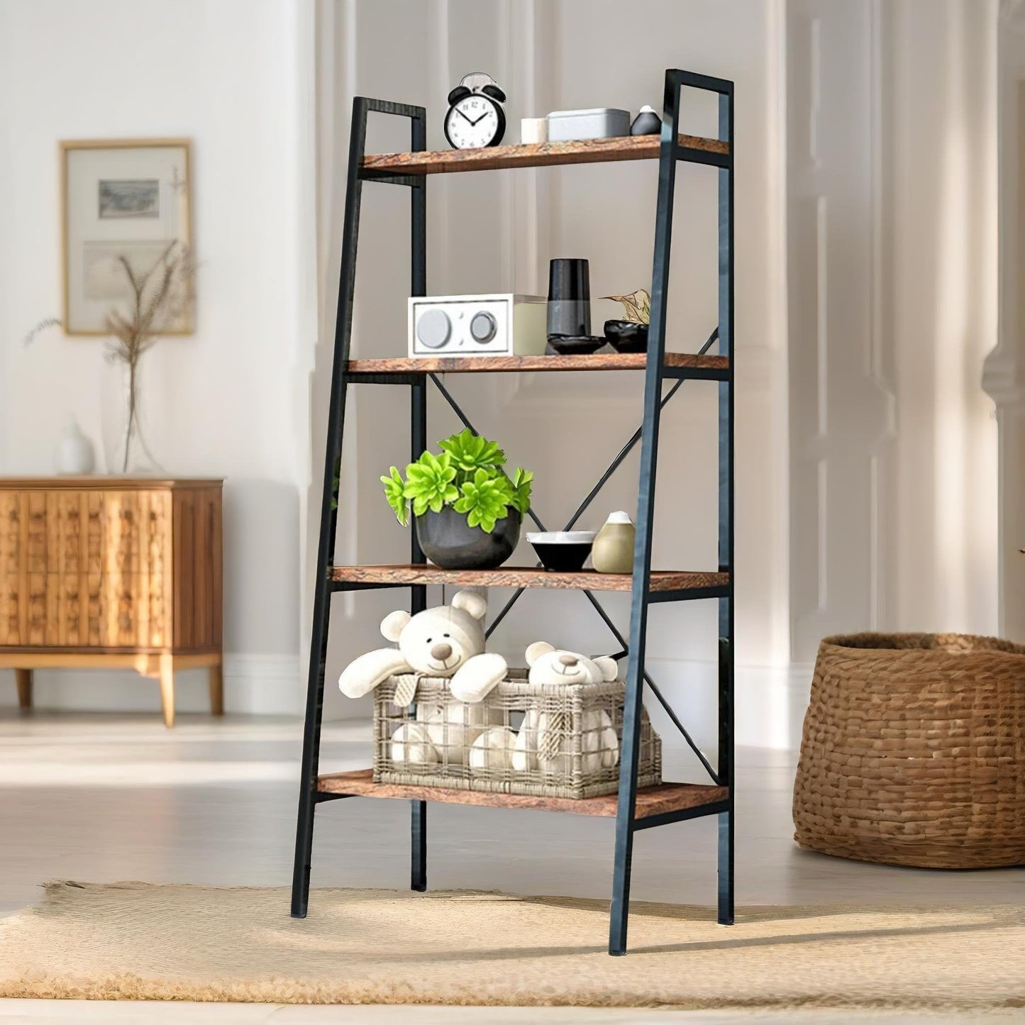 4 tier free standing ladder shelf for living room storage rustic brown