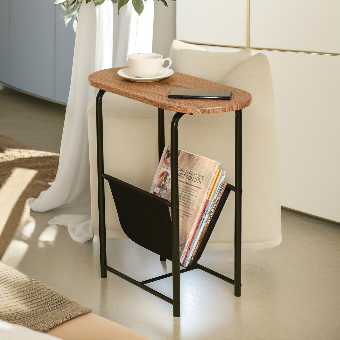 industrial side table with magazine holder brown