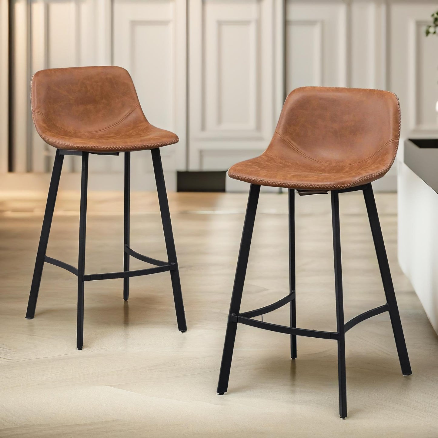 set of 2 industrial brown bar stools