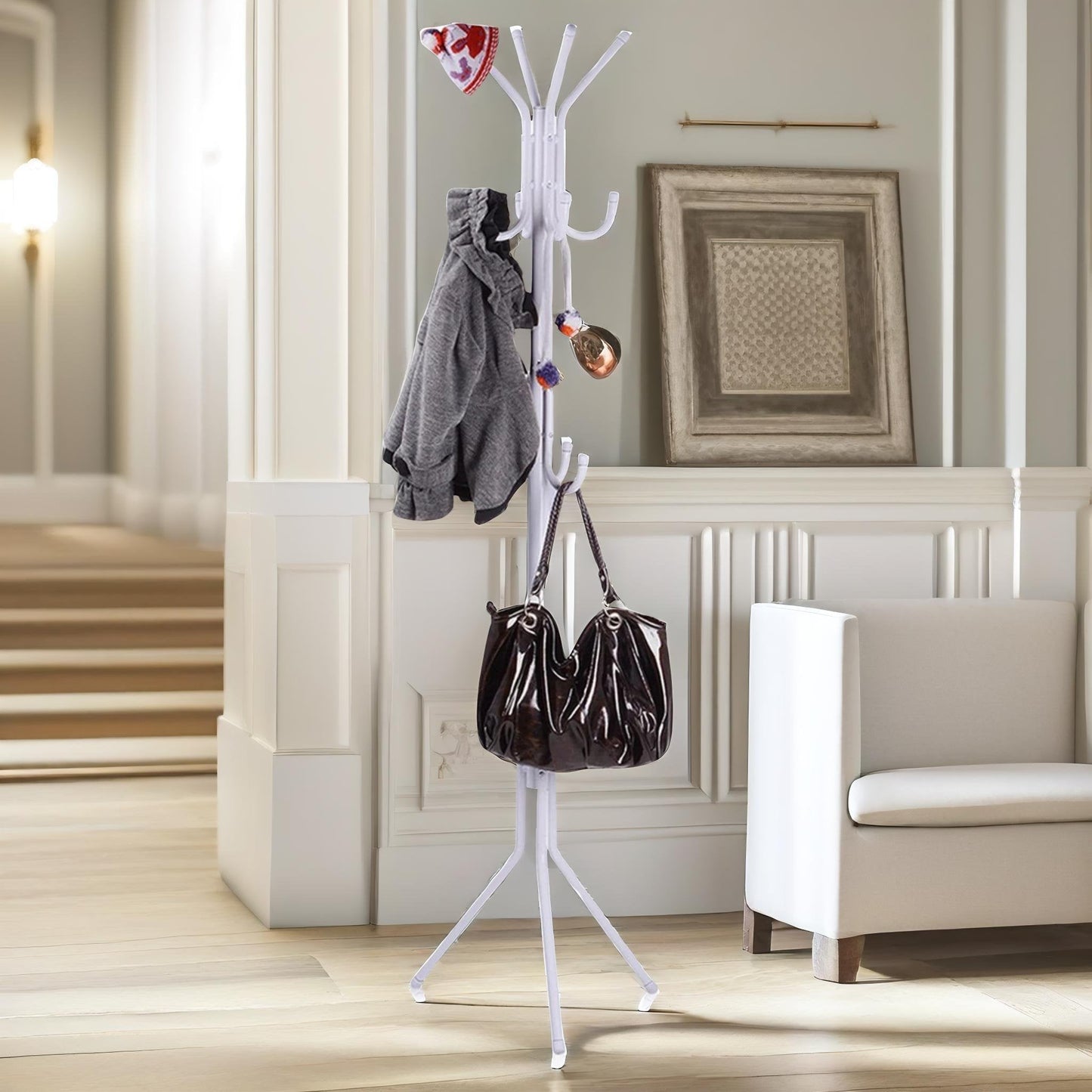 metal coat stand with 12 hooks white