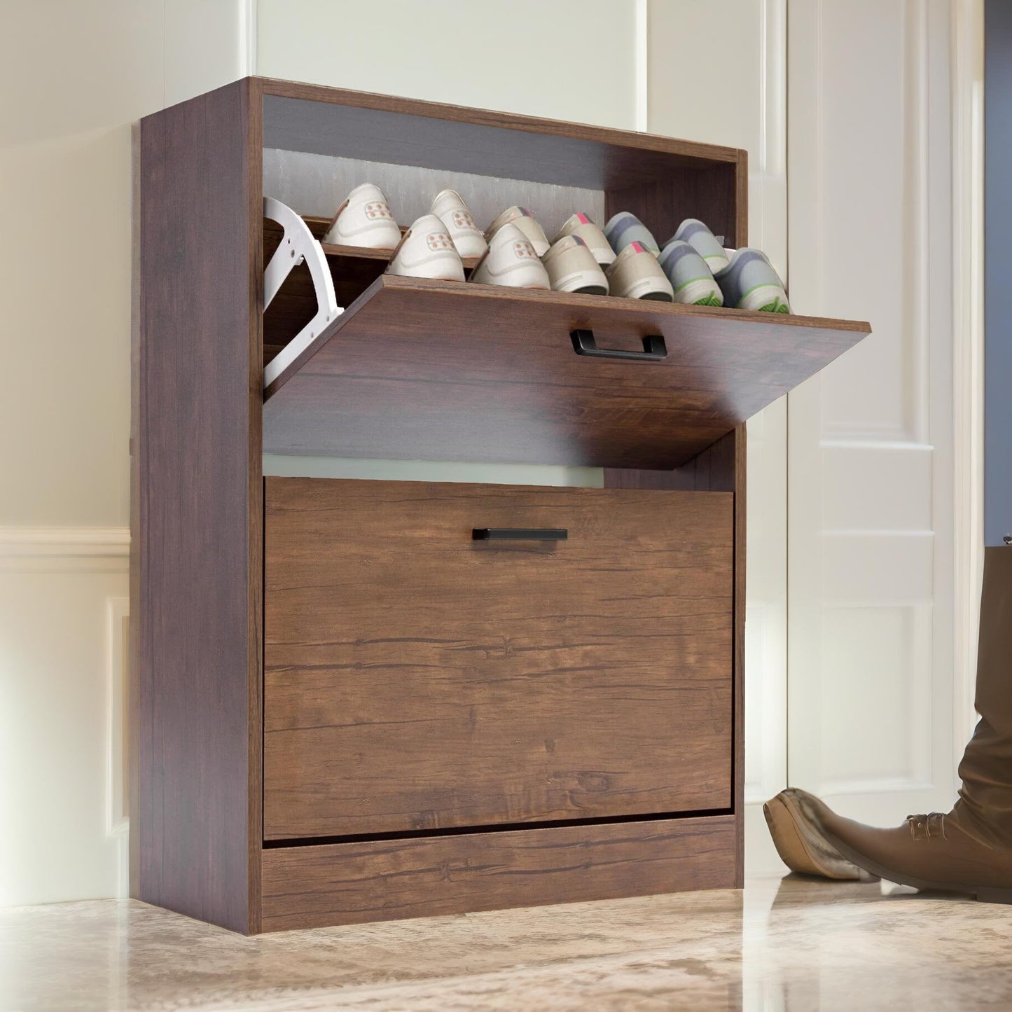 2 drawer shoe storage cabinet walnut