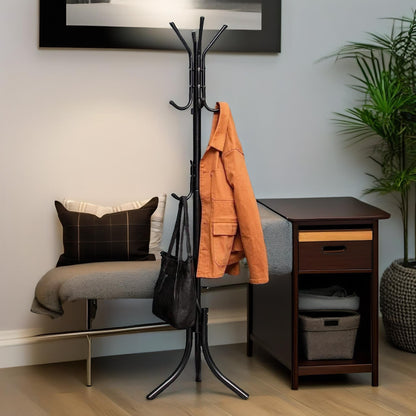 Metal Coat Stand With 12 Hooks Black