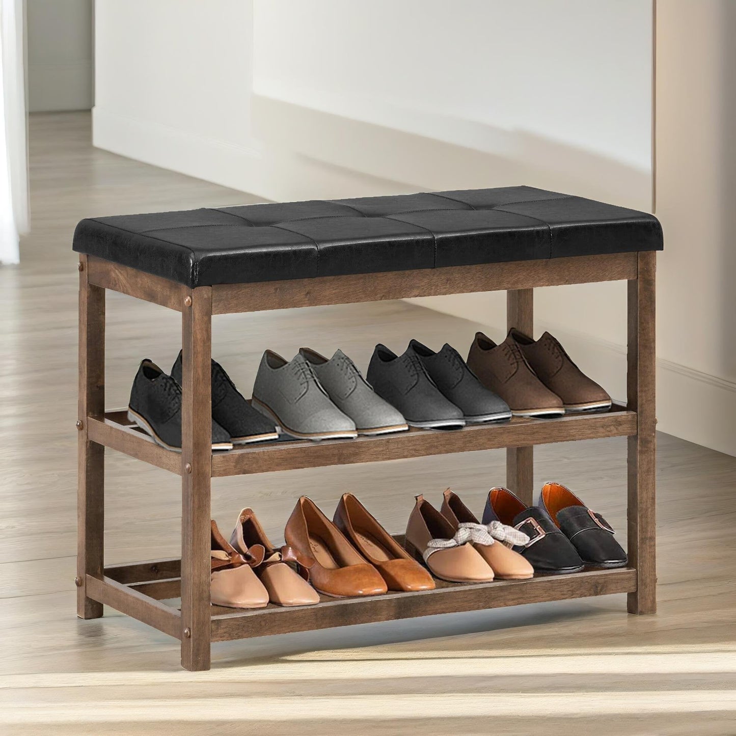 wooden 2 tier shoe rack bench brown