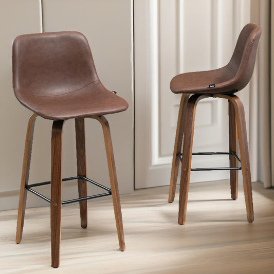 Set of 2 Brown Bar Stools With Wooden Legs